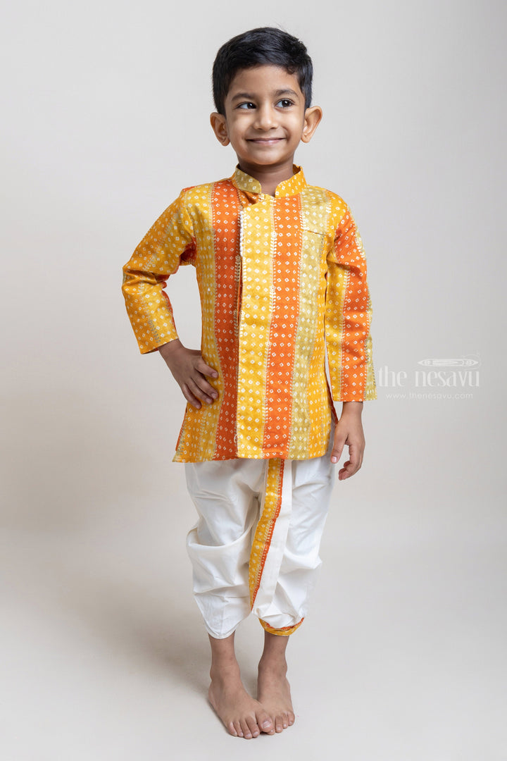 The Nesavu Boys Dothi Set Stylish Multi-colored Ethnic Kurta With White Dhoti For Little Boys Nesavu 12 (3M) / Yellow / Glazed Cotton BES284A-12 Shop the Latest Ethnic Wear for Boys Online | Premium Kurta Set | The Nesauvu