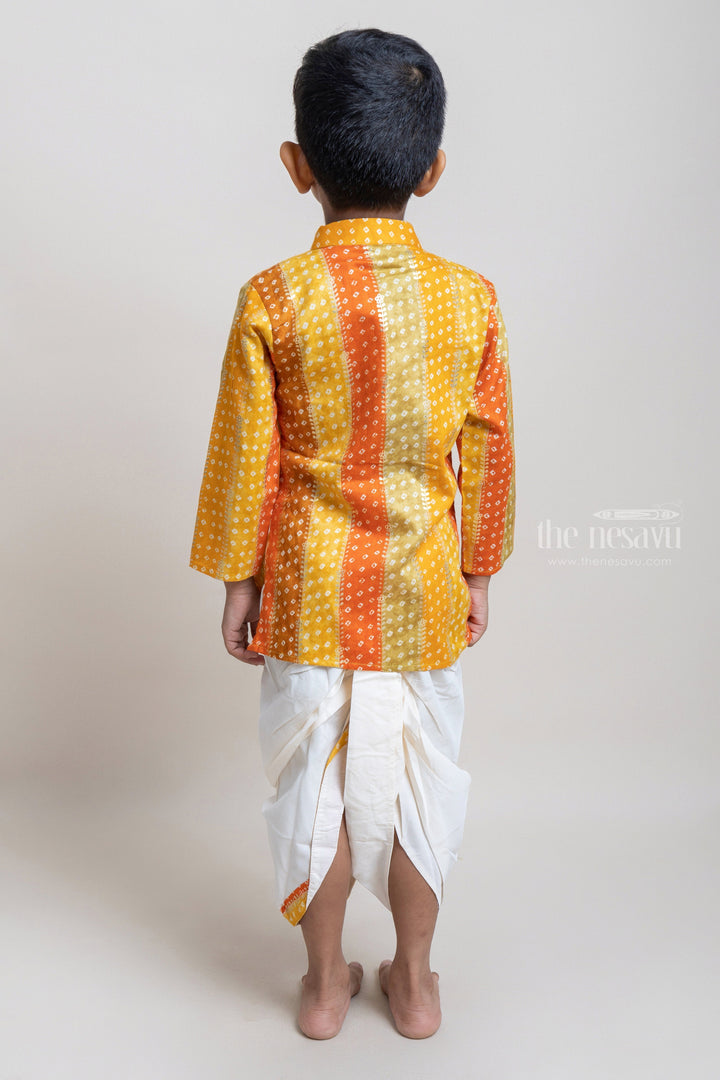 The Nesavu Boys Dothi Set Stylish Multi-colored Ethnic Kurta With White Dhoti For Little Boys Nesavu Shop the Latest Ethnic Wear for Boys Online | Premium Kurta Set | The Nesauvu