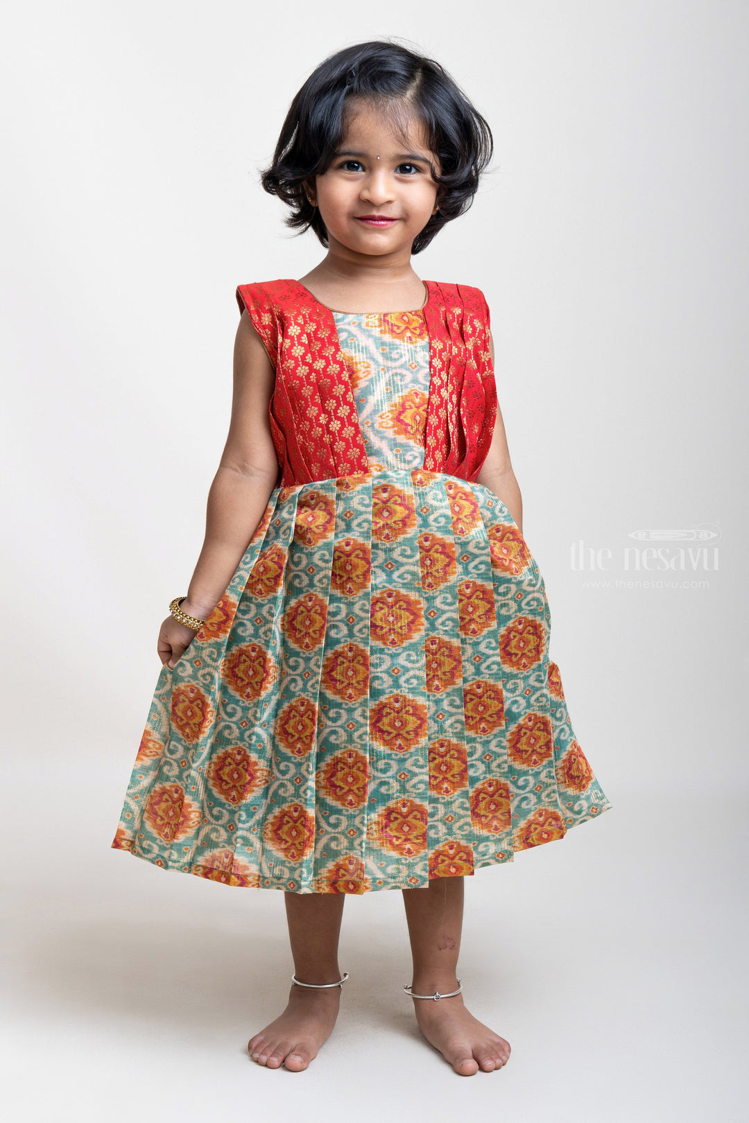 The Nesavu Silk Frock Stylish Multi-coloured Pleated Semi-Silk with Red Designer Yoke Frock For Girls Nesavu Designer Silk Frocks Collection | Premium Silk Frocks For Girls | The Nesavu