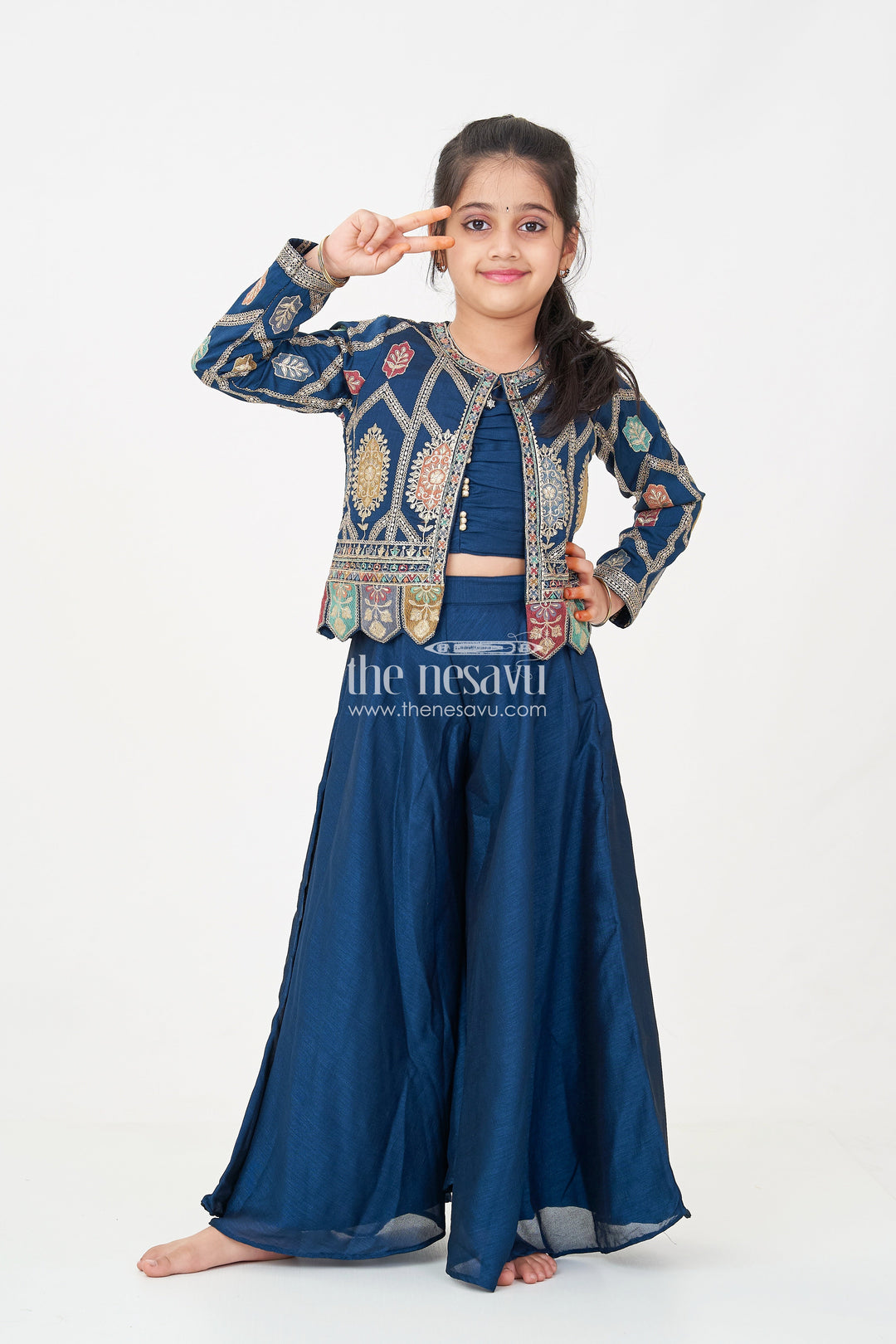 The Nesavu Girls Sharara / Plazo Set Stylish Party Wear for Girls in Blue Georgette Palazzo Set with Heavily Embroidered Jacket and Crop Top Nesavu 24 (5Y) / Blue GPS589A-24 Nesavu Stylish Party Wear for Girls in Blue Georgette Palazzo Set with Embroidered Long Jacket and Top
