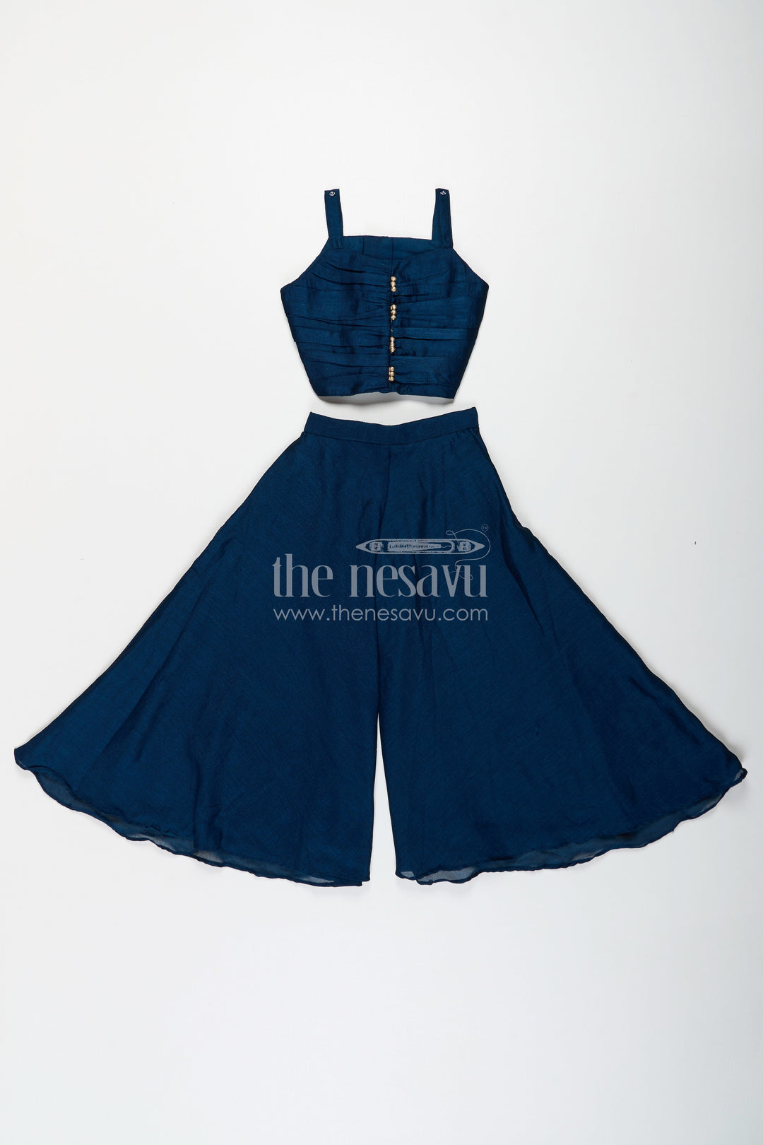 The Nesavu Girls Sharara / Plazo Set Stylish Party Wear for Girls in Blue Georgette Palazzo Set with Heavily Embroidered Jacket and Crop Top Nesavu Stylish Party Wear for Girls in Blue Georgette Palazzo Set with Embroidered Long Jacket and Top | The Nesavu