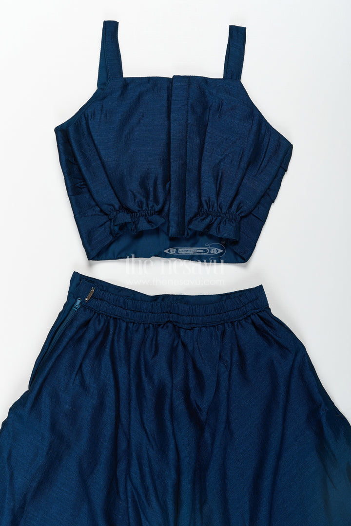 The Nesavu Girls Sharara / Plazo Set Stylish Party Wear for Girls in Blue Georgette Palazzo Set with Heavily Embroidered Jacket and Crop Top Nesavu Stylish Party Wear for Girls in Blue Georgette Palazzo Set with Embroidered Long Jacket and Top | The Nesavu