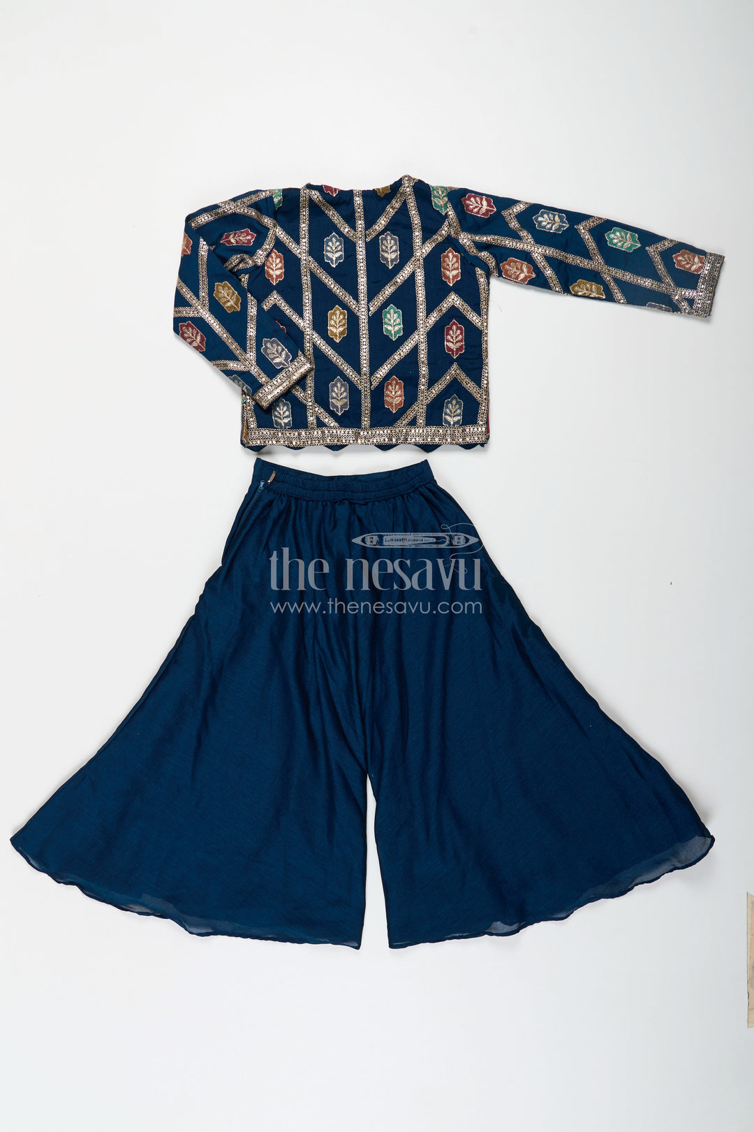 The Nesavu Girls Sharara / Plazo Set Stylish Party Wear for Girls in Blue Georgette Palazzo Set with Heavily Embroidered Jacket and Crop Top Nesavu Stylish Party Wear for Girls in Blue Georgette Palazzo Set with Embroidered Long Jacket and Top | The Nesavu