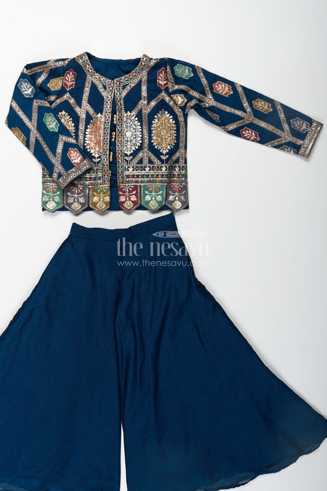 The Nesavu Girls Sharara / Plazo Set Stylish Party Wear for Girls in Blue Georgette Palazzo Set with Heavily Embroidered Jacket and Crop Top Nesavu Stylish Party Wear for Girls in Blue Georgette Palazzo Set with Embroidered Long Jacket and Top | The Nesavu
