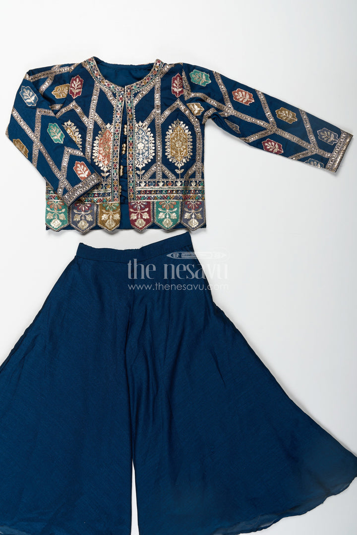 The Nesavu Girls Sharara / Plazo Set Stylish Party Wear for Girls in Blue Georgette Palazzo Set with Heavily Embroidered Jacket and Crop Top Nesavu Stylish Party Wear for Girls in Blue Georgette Palazzo Set with Embroidered Long Jacket and Top | The Nesavu