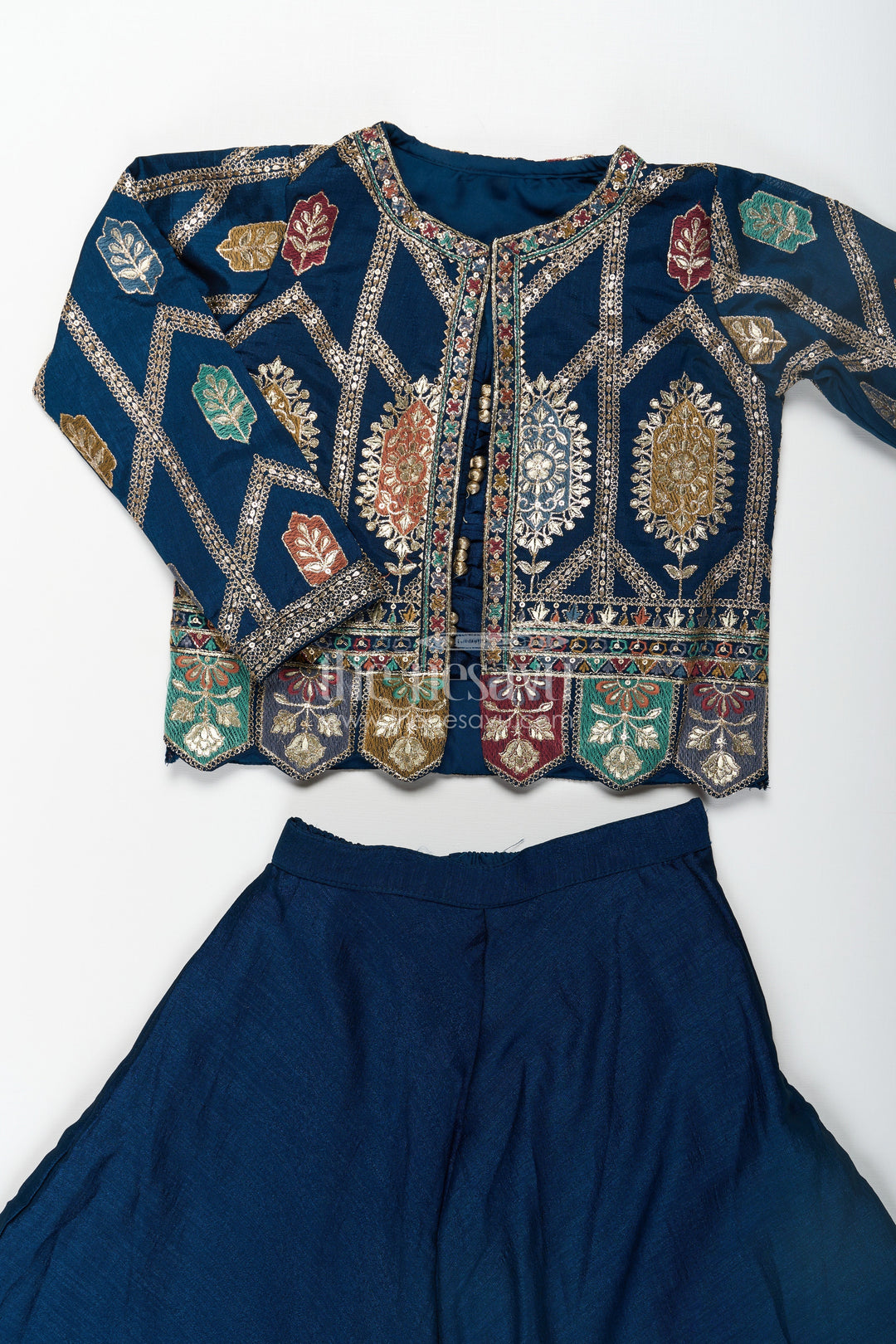 The Nesavu Girls Sharara / Plazo Set Stylish Party Wear for Girls in Blue Georgette Palazzo Set with Heavily Embroidered Jacket and Crop Top Nesavu Stylish Party Wear for Girls in Blue Georgette Palazzo Set with Embroidered Long Jacket and Top | The Nesavu