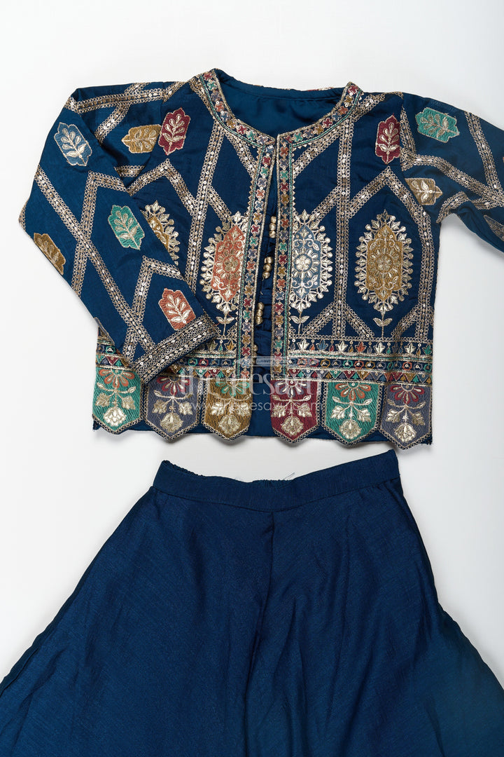 The Nesavu Girls Sharara / Plazo Set Stylish Party Wear for Girls in Blue Georgette Palazzo Set with Heavily Embroidered Jacket and Crop Top Nesavu Stylish Party Wear for Girls in Blue Georgette Palazzo Set with Embroidered Long Jacket and Top | The Nesavu