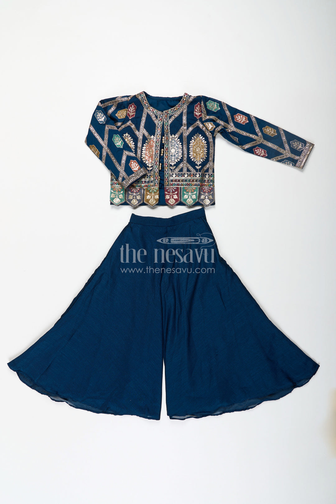 The Nesavu Girls Sharara / Plazo Set Stylish Party Wear for Girls in Blue Georgette Palazzo Set with Heavily Embroidered Jacket and Crop Top Nesavu Stylish Party Wear for Girls in Blue Georgette Palazzo Set with Embroidered Long Jacket and Top | The Nesavu