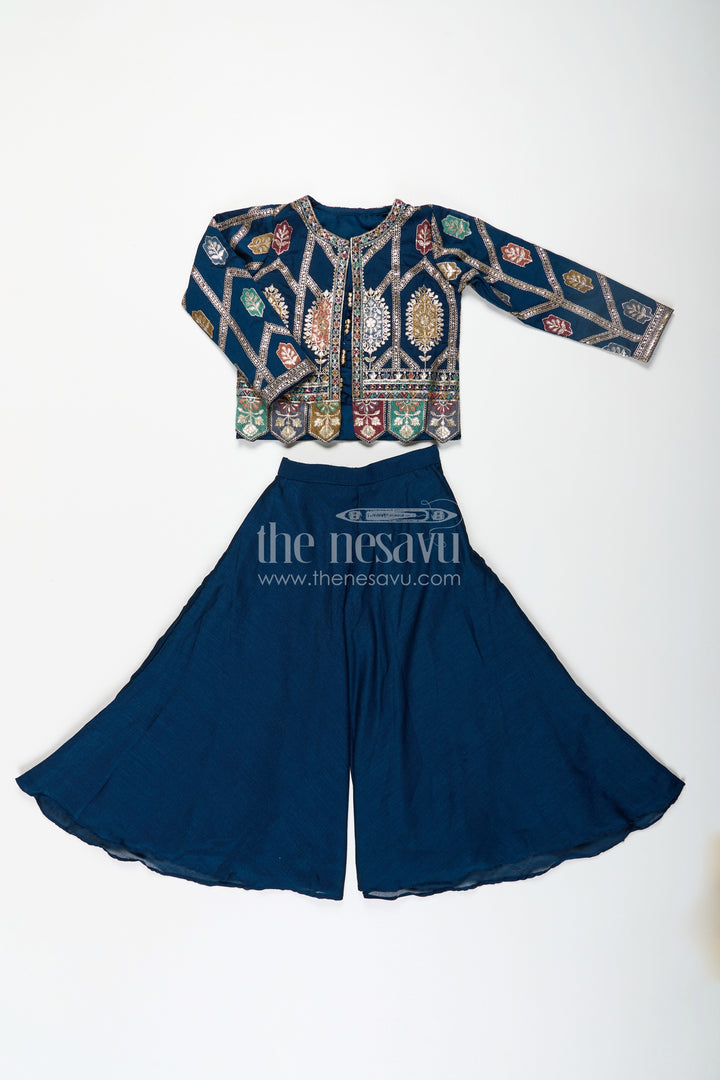 The Nesavu Girls Sharara / Plazo Set Stylish Party Wear for Girls in Blue Georgette Palazzo Set with Heavily Embroidered Jacket and Crop Top Nesavu Stylish Party Wear for Girls in Blue Georgette Palazzo Set with Embroidered Long Jacket and Top | The Nesavu