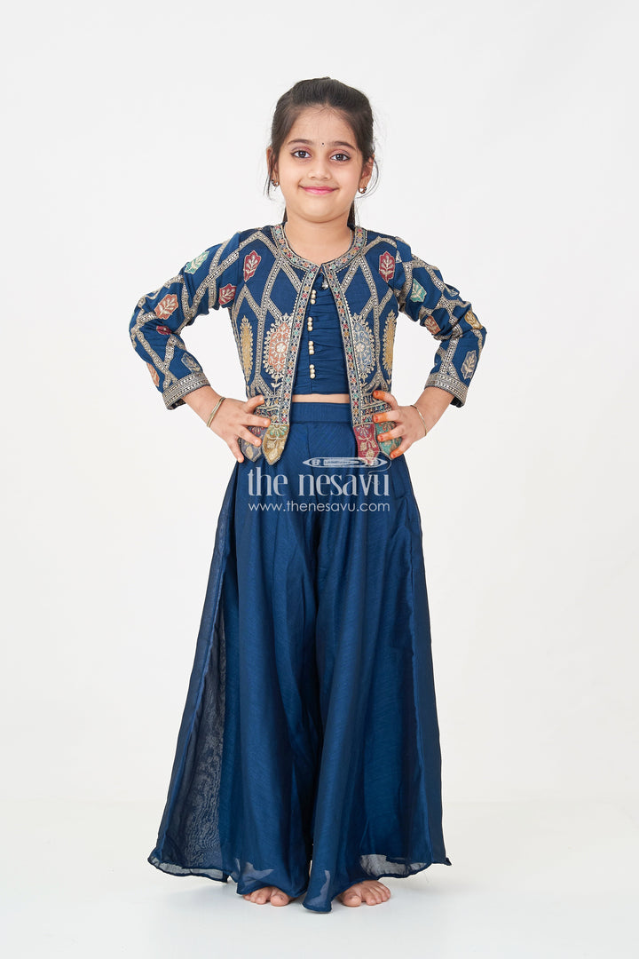 The Nesavu Girls Sharara / Plazo Set Stylish Party Wear for Girls in Blue Georgette Palazzo Set with Heavily Embroidered Jacket and Crop Top Nesavu Stylish Party Wear for Girls in Blue Georgette Palazzo Set with Embroidered Long Jacket and Top | The Nesavu