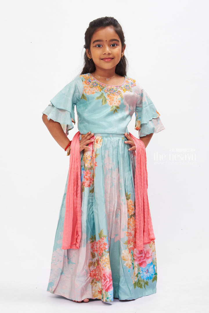 The Nesavu Girls Lehenga Choli Stylish Pastel Floral Organza Lehenga Choli for Girls Nesavu 16 (1Y) / Blue GL410A-16 Buy Simple Floral Lehenga Choli for Girls | Beautiful Pastel Lehenga Online | The Nesavu