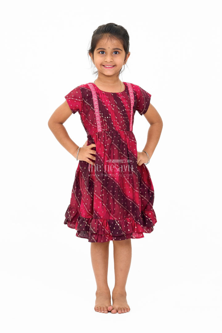 The Nesavu Girls Cotton Frock Stylish Pink Cotton Girls Frock with Bandhani Print and Layered Ruffle Hem Nesavu 16 (1Y) / Pink GFC1596B-16 Stylish Pink Cotton Girls Frock Bandhani Print Layered Ruffle Hem | The Nesavu