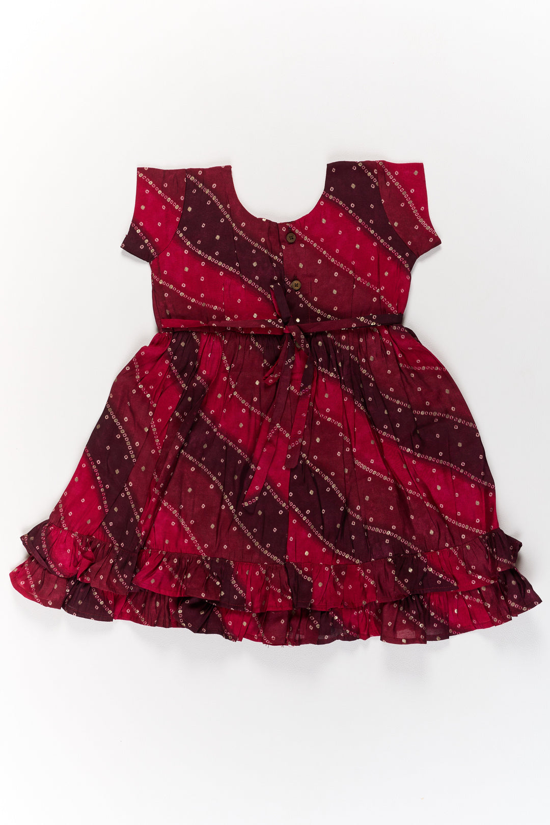 The Nesavu Girls Cotton Frock Stylish Pink Cotton Girls Frock with Bandhani Print and Layered Ruffle Hem Nesavu Stylish Pink Cotton Girls Frock Bandhani Print Layered Ruffle Hem | The Nesavu