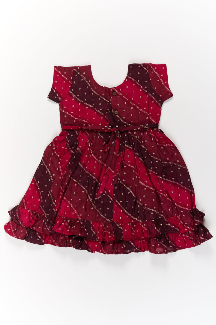 The Nesavu Girls Cotton Frock Stylish Pink Cotton Girls Frock with Bandhani Print and Layered Ruffle Hem Nesavu Stylish Pink Cotton Girls Frock Bandhani Print Layered Ruffle Hem | The Nesavu