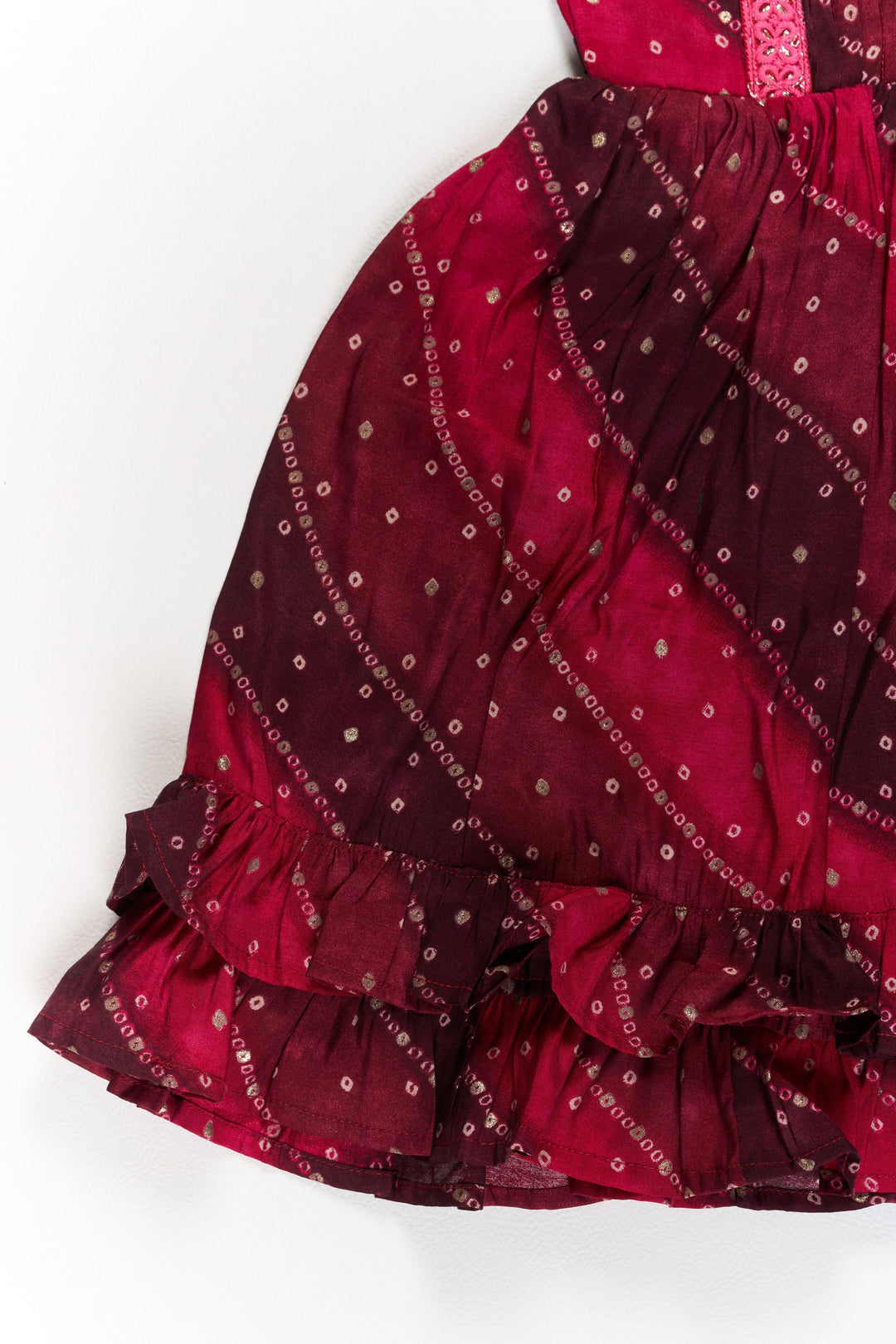 The Nesavu Girls Cotton Frock Stylish Pink Cotton Girls Frock with Bandhani Print and Layered Ruffle Hem Nesavu Stylish Pink Cotton Girls Frock Bandhani Print Layered Ruffle Hem | The Nesavu