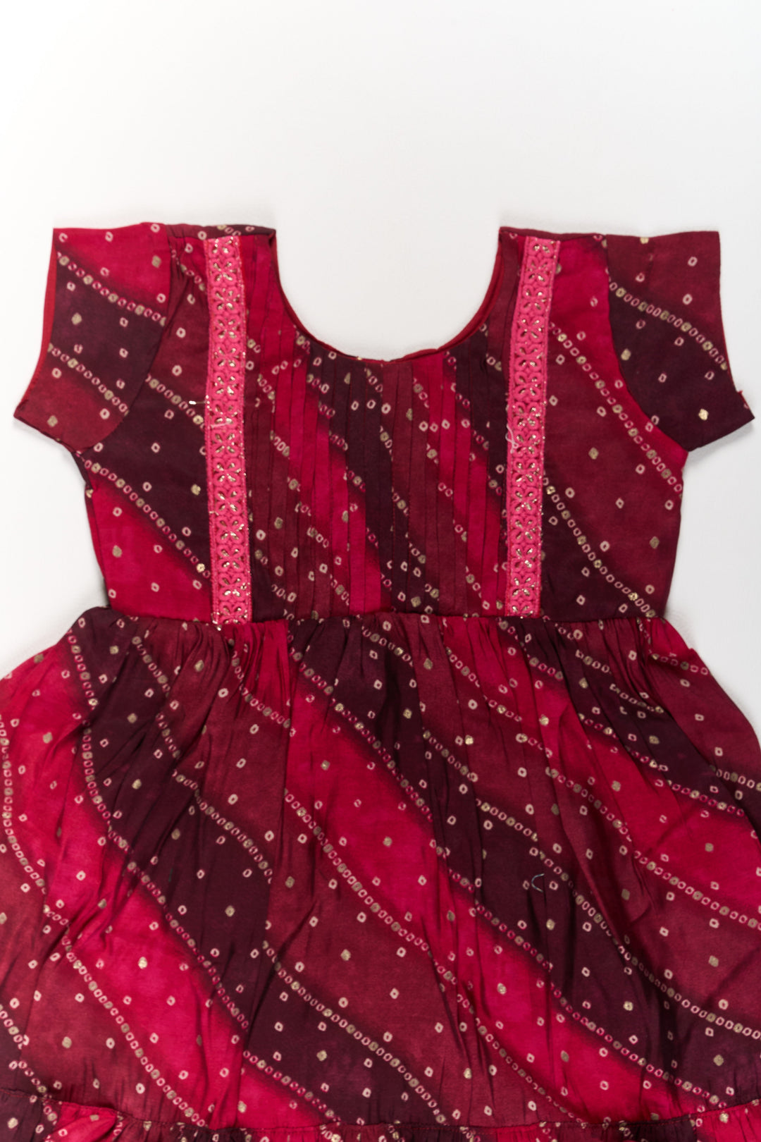 The Nesavu Girls Cotton Frock Stylish Pink Cotton Girls Frock with Bandhani Print and Layered Ruffle Hem Nesavu Stylish Pink Cotton Girls Frock Bandhani Print Layered Ruffle Hem | The Nesavu