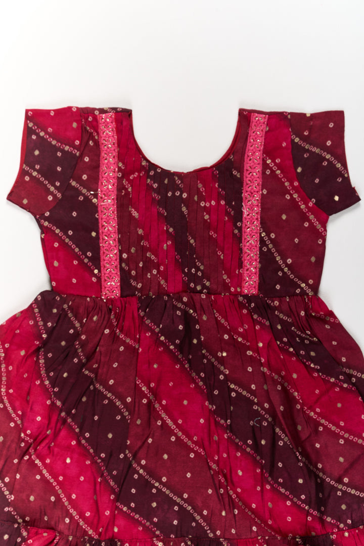 The Nesavu Girls Cotton Frock Stylish Pink Cotton Girls Frock with Bandhani Print and Layered Ruffle Hem Nesavu Stylish Pink Cotton Girls Frock Bandhani Print Layered Ruffle Hem | The Nesavu