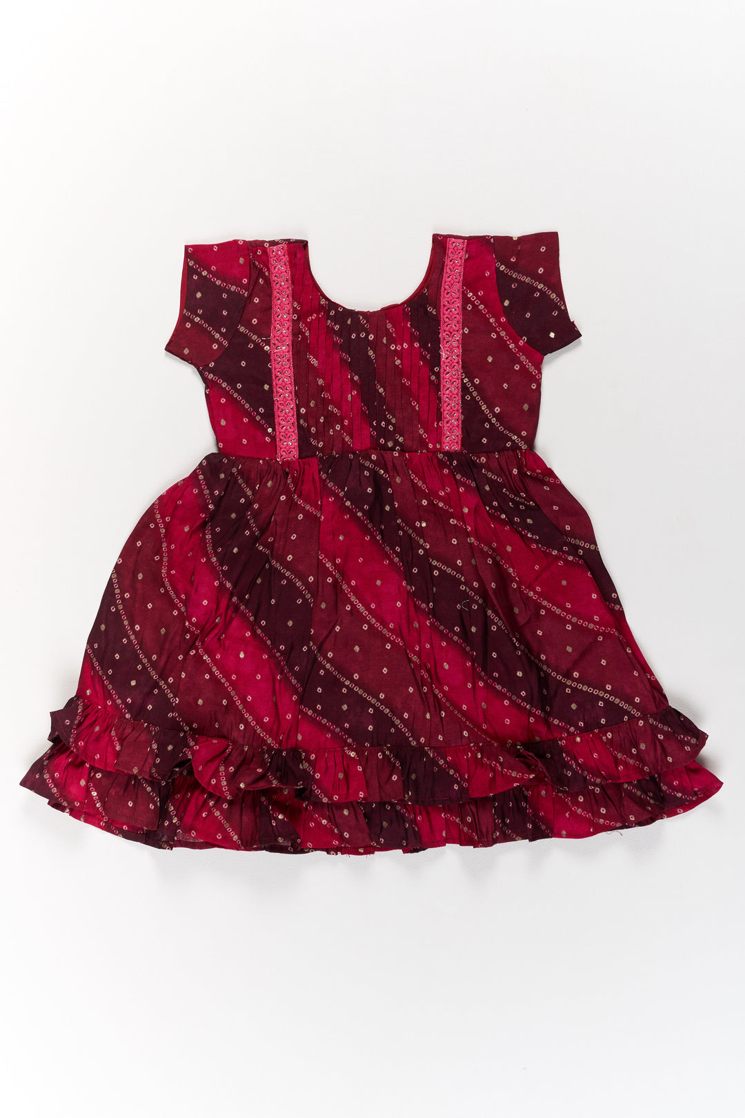 The Nesavu Girls Cotton Frock Stylish Pink Cotton Girls Frock with Bandhani Print and Layered Ruffle Hem Nesavu Stylish Pink Cotton Girls Frock Bandhani Print Layered Ruffle Hem | The Nesavu