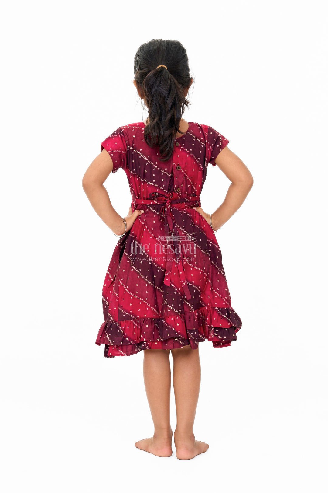 The Nesavu Girls Cotton Frock Stylish Pink Cotton Girls Frock with Bandhani Print and Layered Ruffle Hem Nesavu Stylish Pink Cotton Girls Frock Bandhani Print Layered Ruffle Hem | The Nesavu