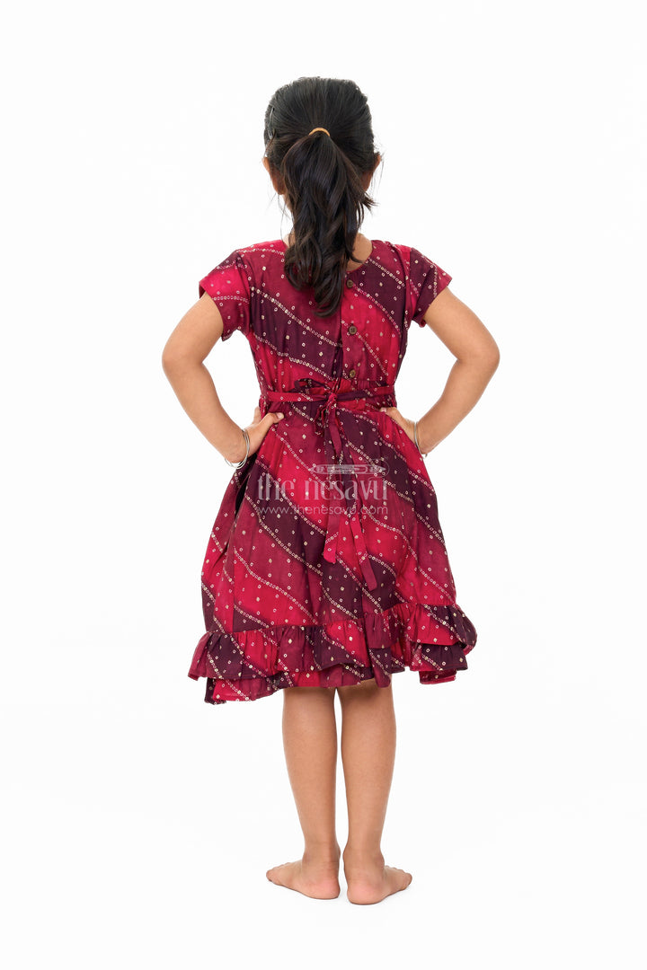 The Nesavu Girls Cotton Frock Stylish Pink Cotton Girls Frock with Bandhani Print and Layered Ruffle Hem Nesavu Stylish Pink Cotton Girls Frock Bandhani Print Layered Ruffle Hem | The Nesavu