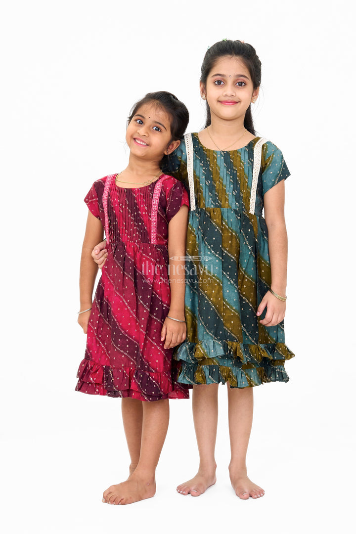 The Nesavu Girls Cotton Frock Stylish Pink Cotton Girls Frock with Bandhani Print and Layered Ruffle Hem Nesavu Stylish Pink Cotton Girls Frock Bandhani Print Layered Ruffle Hem | The Nesavu