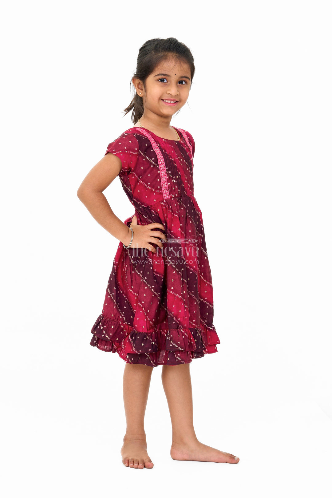 The Nesavu Girls Cotton Frock Stylish Pink Cotton Girls Frock with Bandhani Print and Layered Ruffle Hem Nesavu Stylish Pink Cotton Girls Frock Bandhani Print Layered Ruffle Hem | The Nesavu