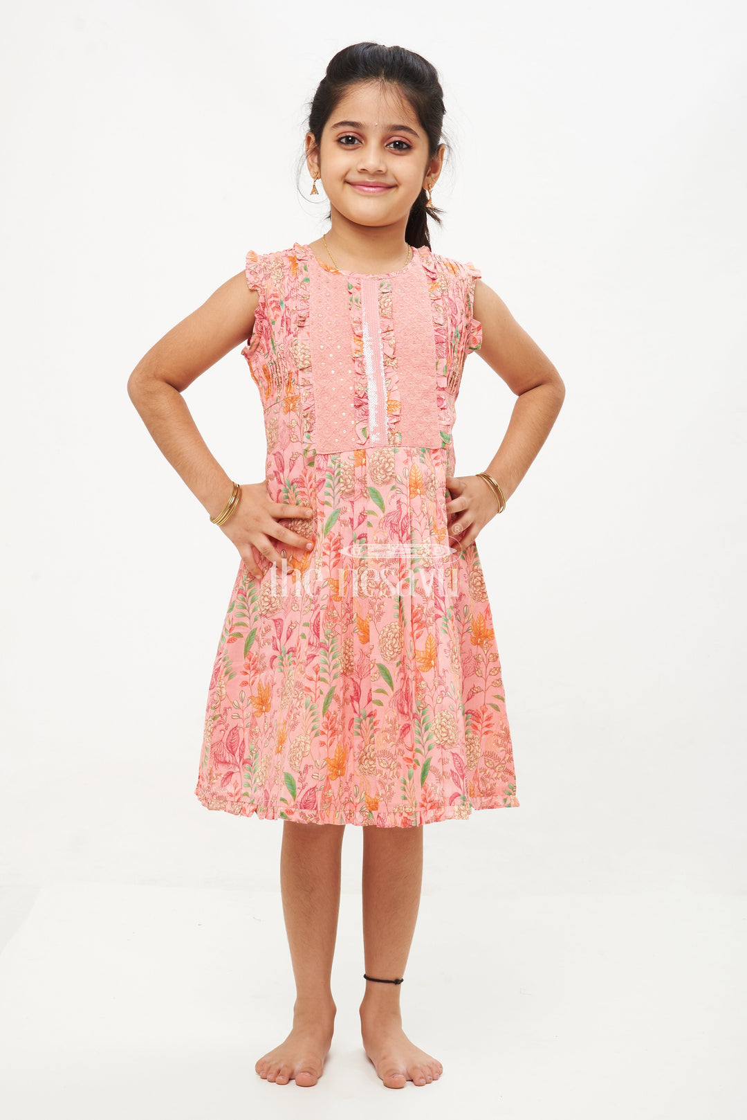 The Nesavu Girls Cotton Frock Stylish Sleeveless A-Line Cotton Dress with Floral Prints - Peach Nesavu 22 (4Y) / Red GFC1352B-22 Stylish Sleeveless A-Line Cotton Dress with Floral Prints - Nesavu | Peach