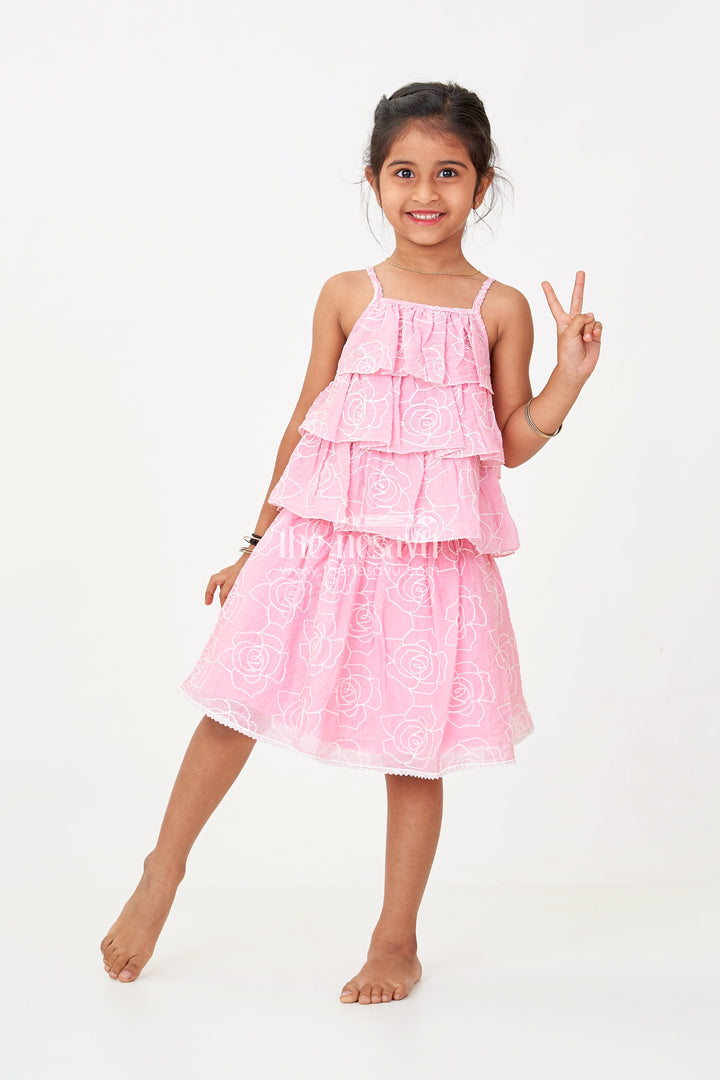 The Nesavu Baby Fancy Frock Stylish Smart Casual Clothes for Girls with Floral Embroidery and Ruffled Top Nesavu 18 (2Y) / Pink BFJ729C-18 Stylish Smart Casual Clothes Girls Floral Embroidery Ruffled Top | The Nesavu