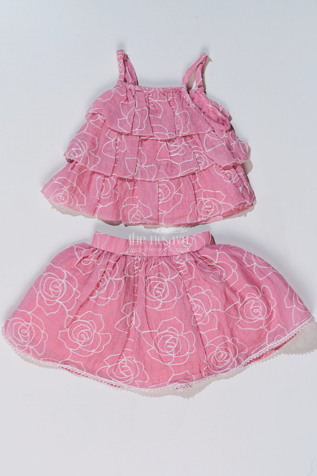 The Nesavu Baby Fancy Frock Stylish Smart Casual Clothes for Girls with Floral Embroidery and Ruffled Top Nesavu Nesavu Stylish Smart Casual Clothes Girls Floral Embroidery Ruffled Top