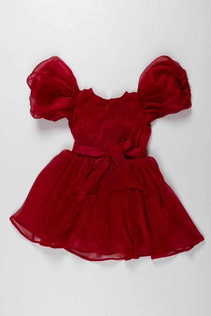 The Nesavu Girls Fancy Party Frock Stylish Western Frocks for Girls with Puffy Sleeves in Organza Fabric Nesavu Puffy Sleeved Western Frocks Girls Red Organza Nesavu