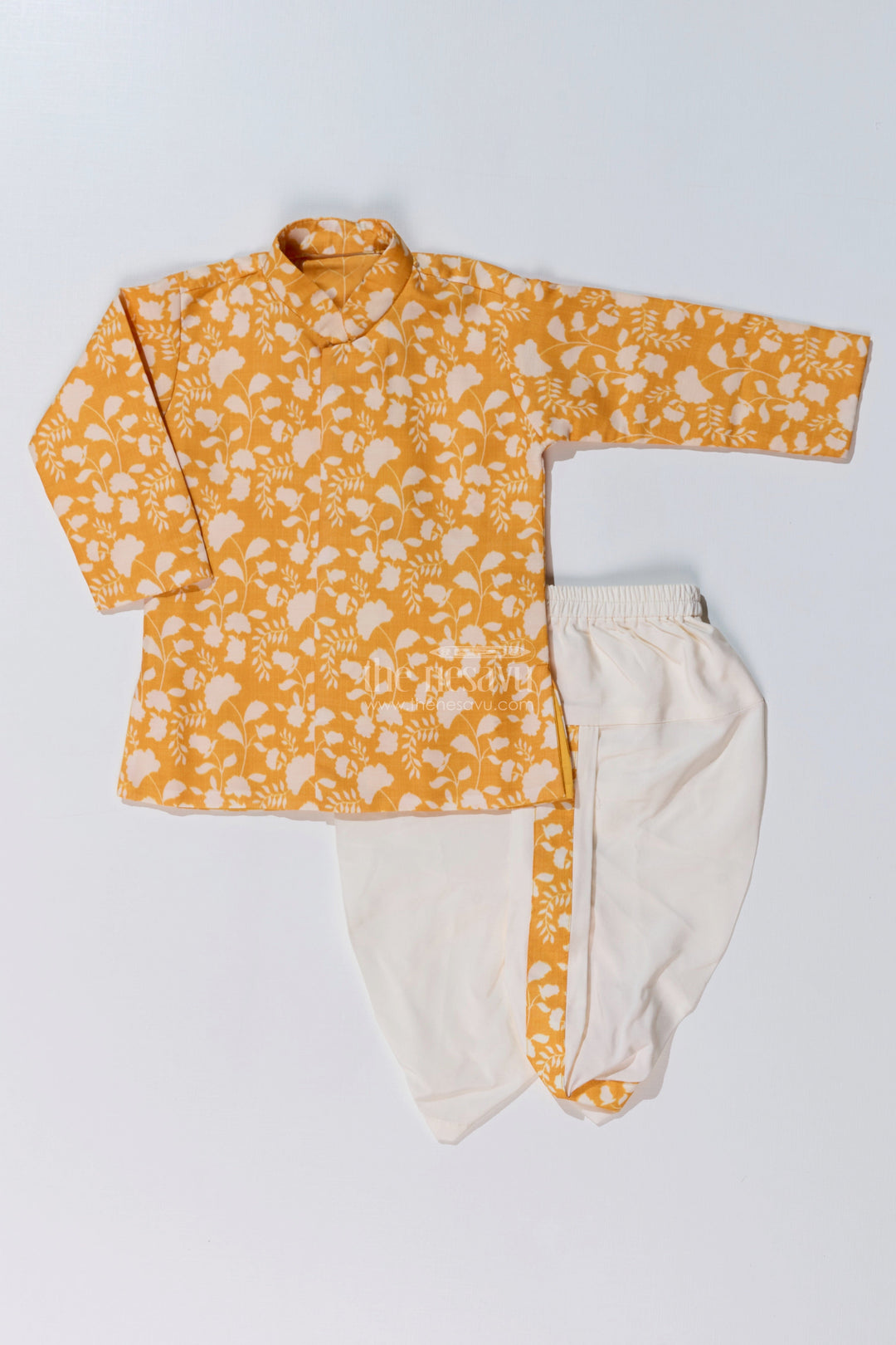 The Nesavu Boys Dothi Set Stylish Yellow Dhoti Kurta for Boys in Cotton Printed Fabric with Traditional Design Nesavu 14 (6M) / Yellow BES642B-14 Yellow Dhoti Kurta Boys Cotton Printed Fabric Traditional Design | The Nesavu
