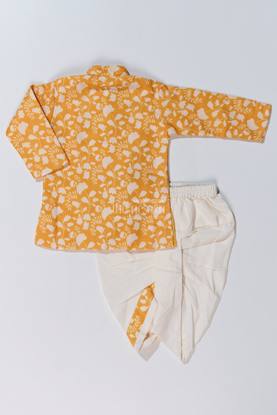 The Nesavu Boys Dothi Set Stylish Yellow Dhoti Kurta for Boys in Cotton Printed Fabric with Traditional Design Nesavu Yellow Dhoti Kurta Boys Cotton Printed Fabric Traditional Design | The Nesavu