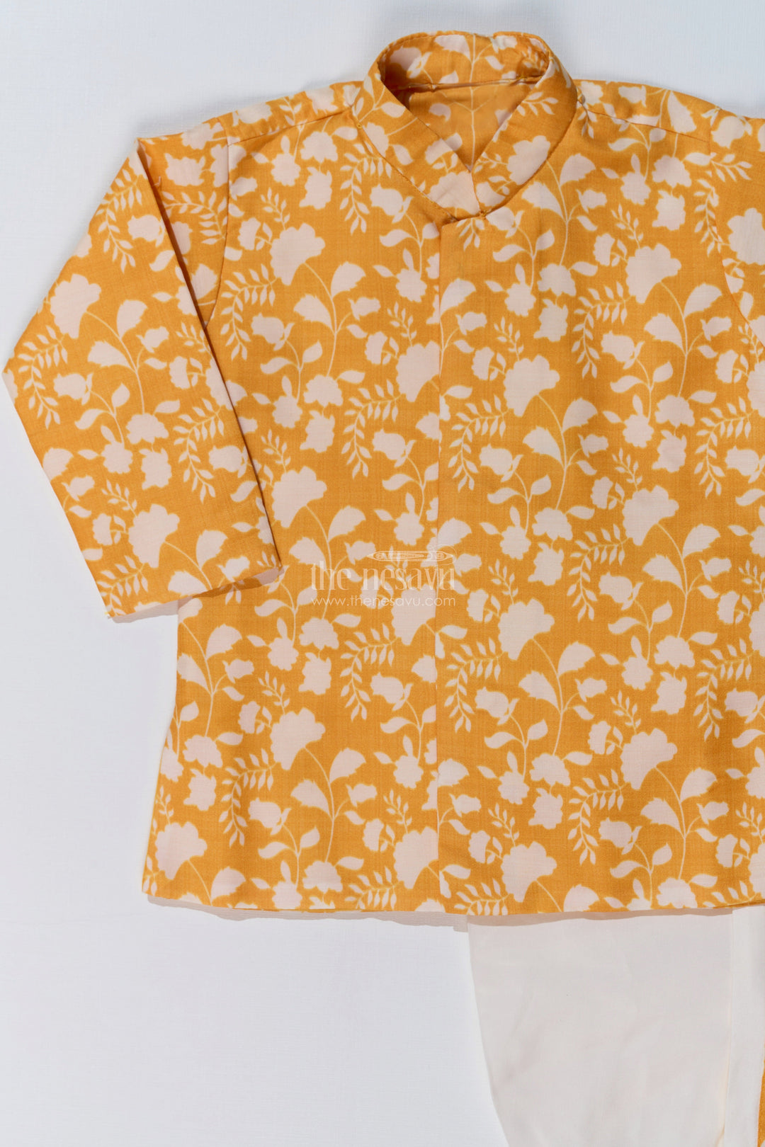 The Nesavu Boys Dothi Set Stylish Yellow Dhoti Kurta for Boys in Cotton Printed Fabric with Traditional Design Nesavu Yellow Dhoti Kurta Boys Cotton Printed Fabric Traditional Design | The Nesavu