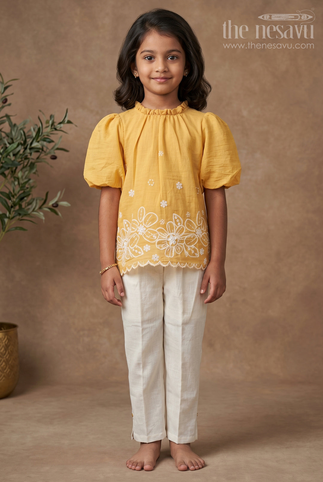 The Nesavu Girls Co-Ord Sets Suits and Co Ords for Girls in Mustard Cotton with White Pants and Floral Cutwork Embroidery Nesavu 16 (1Y) / Yellow GPS381D-16 Suits Co Ords Girls Cotton Puff Sleeves White Embroidered Bottoms | The Nesavu