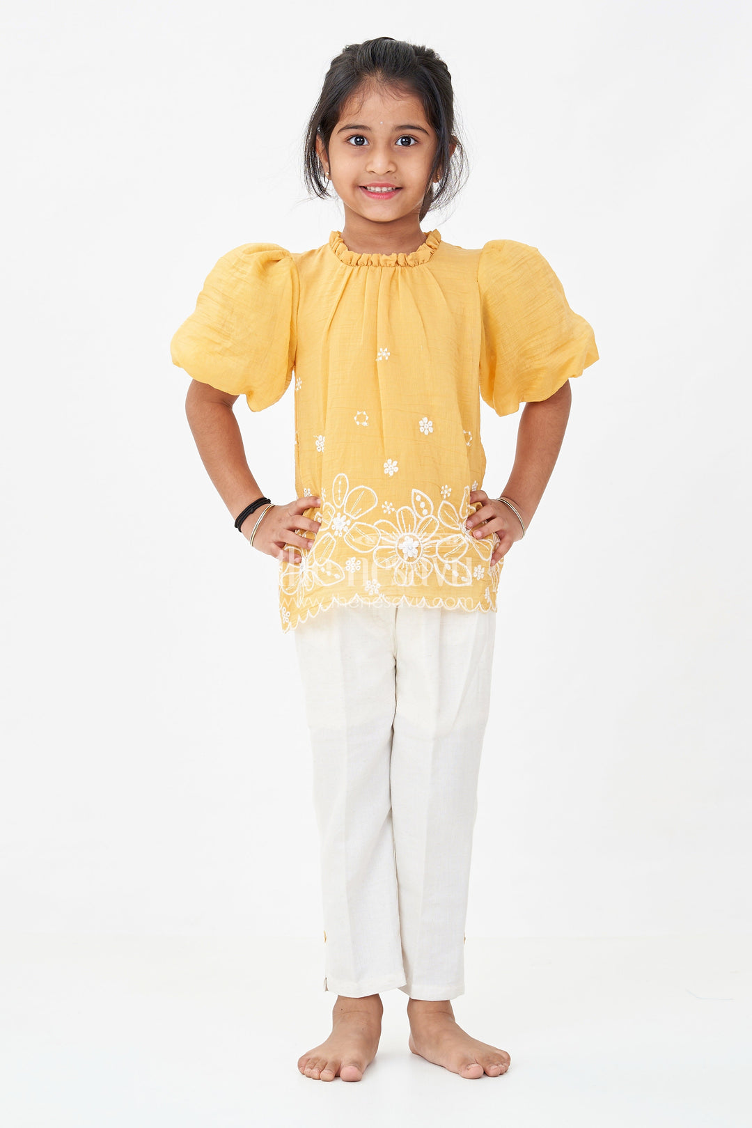 The Nesavu Girls Co-Ord Sets Suits and Co Ords for Girls in Mustard Cotton with White Pants and Floral Cutwork Embroidery Nesavu 18 (2Y) / Yellow GPS381D-18 Suits Co Ords Girls Cotton Puff Sleeves White Embroidered Bottoms | The Nesavu