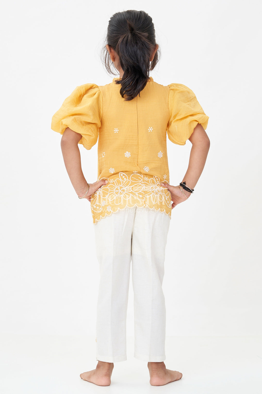 The Nesavu Girls Co-Ord Sets Suits and Co Ords for Girls in Mustard Cotton with White Pants and Floral Cutwork Embroidery Nesavu Suits Co Ords Girls Cotton Puff Sleeves White Embroidered Bottoms | The Nesavu