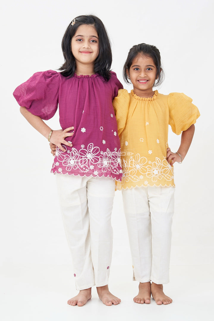 The Nesavu Girls Co-Ord Sets Suits and Co Ords for Girls in Mustard Cotton with White Pants and Floral Cutwork Embroidery Nesavu Suits Co Ords Girls Cotton Puff Sleeves White Embroidered Bottoms | The Nesavu