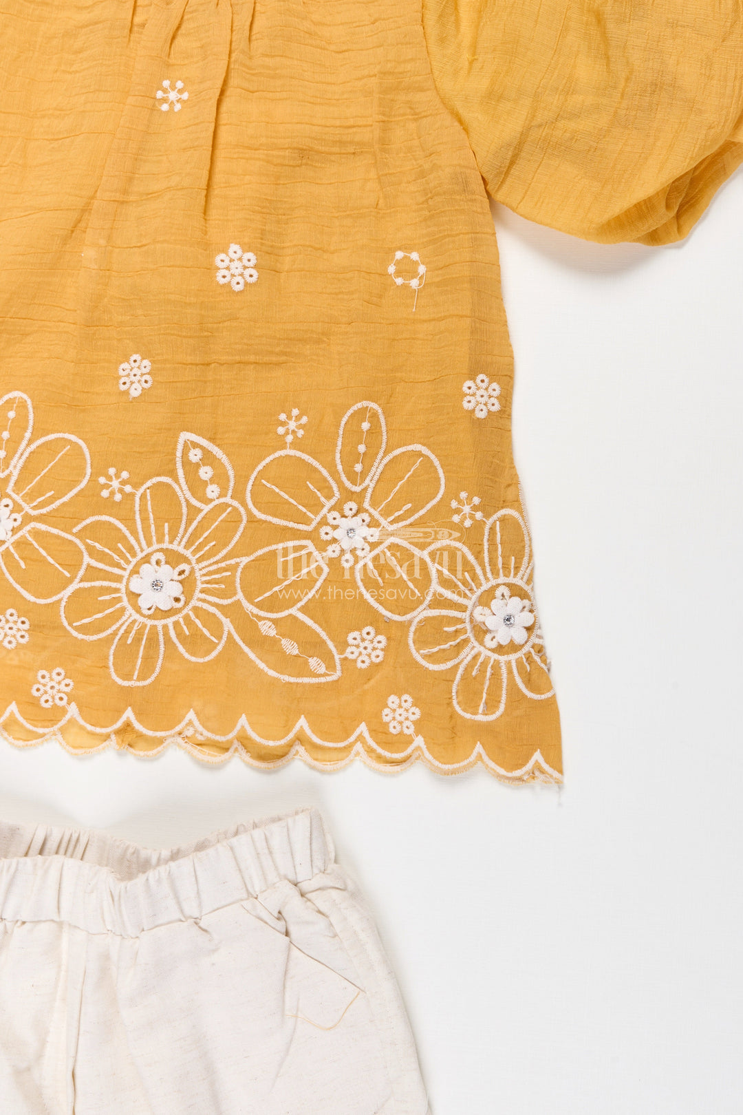 The Nesavu Girls Co-Ord Sets Suits and Co Ords for Girls in Mustard Cotton with White Pants and Floral Cutwork Embroidery Nesavu Suits Co Ords Girls Cotton Puff Sleeves White Embroidered Bottoms | The Nesavu