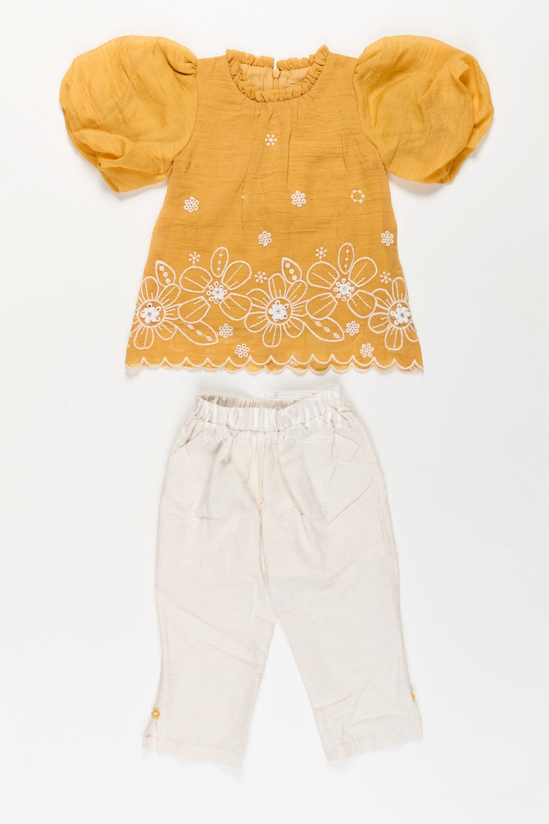 The Nesavu Girls Co-Ord Sets Suits and Co Ords for Girls in Mustard Cotton with White Pants and Floral Cutwork Embroidery Nesavu Suits Co Ords Girls Cotton Puff Sleeves White Embroidered Bottoms | The Nesavu