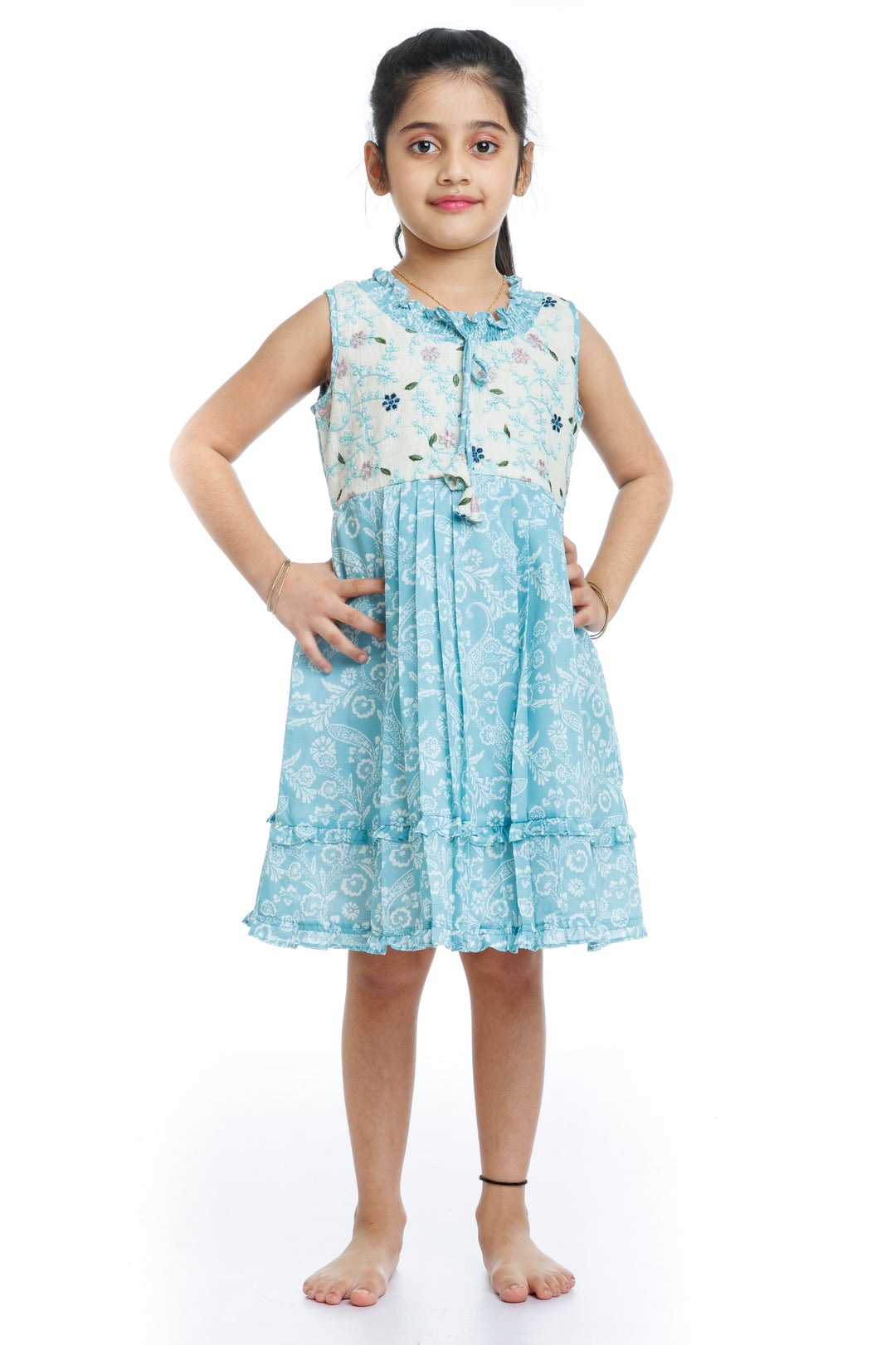 The Nesavu Girls Cotton Frock Summer Breeze: Girls Aqua Floral Cotton Dress with Ruffle Accents Nesavu 22 (4Y) / Blue / Cotton GFC1292A-22 Shop Aqua Floral Ruffle Cotton Dress for Girls | Perfect for Summer Fun | The Nesavu