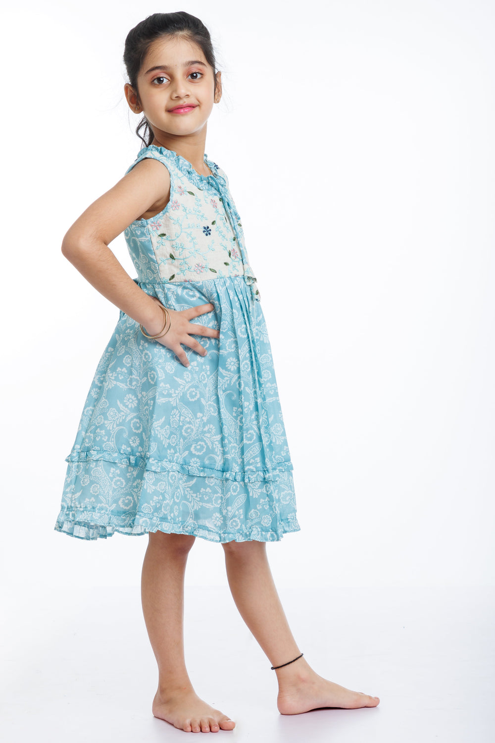 The Nesavu Girls Cotton Frock Summer Breeze: Girls Aqua Floral Cotton Dress with Ruffle Accents Nesavu Shop Aqua Floral Ruffle Cotton Dress for Girls | Perfect for Summer Fun | The Nesavu