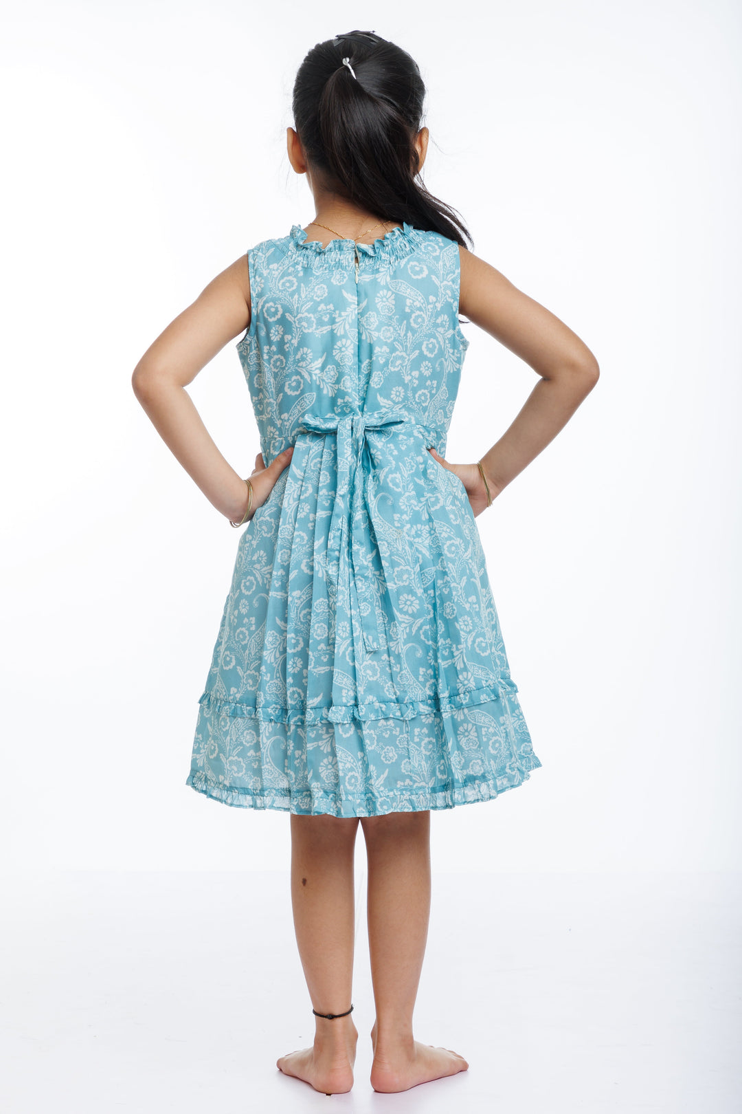 The Nesavu Girls Cotton Frock Summer Breeze: Girls Aqua Floral Cotton Dress with Ruffle Accents Nesavu Shop Aqua Floral Ruffle Cotton Dress for Girls | Perfect for Summer Fun | The Nesavu