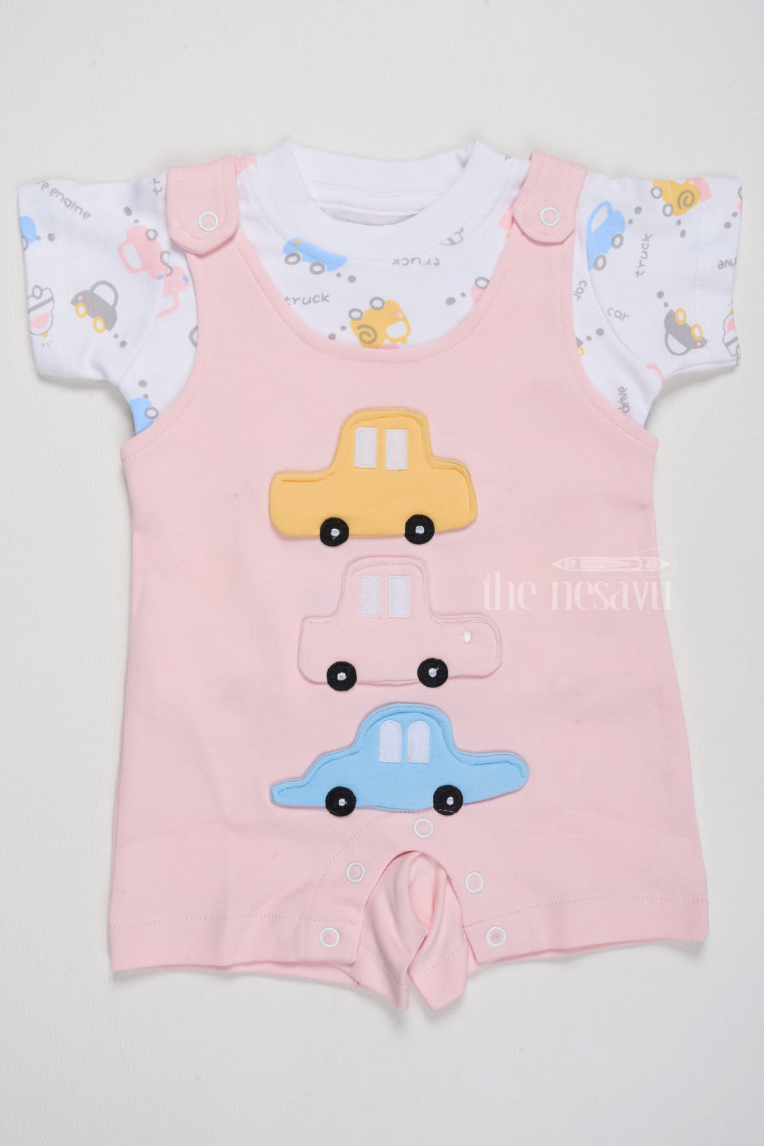The Nesavu Baby Casual Sets Summer Clothes for Newborn Pink Car Applique Romper with Printed T-Shirt Nesavu 14 (6M) / Pink BCS189A-14 Nesavu Summer Clothes Newborn Pink Car Applique Romper Printed T-Shirt