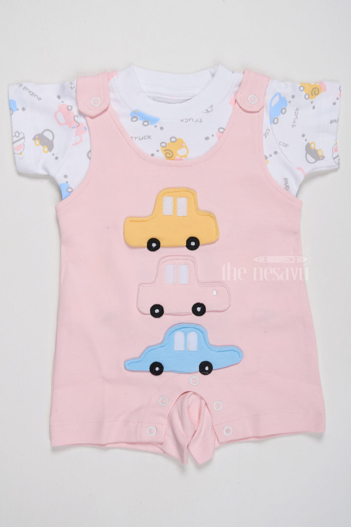 The Nesavu Baby Casual Sets Summer Clothes for Newborn Pink Car Applique Romper with Printed T-Shirt Nesavu 14 (6M) / Pink BCS189A-14 Summer Clothes Newborn Pink Car Applique Romper Printed T-Shirt | The Nesavu