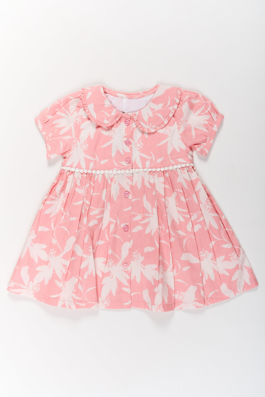 The Nesavu Girls Cotton Frock Summer Cotton Dresses for Girls in Pink with Floral Prints and Ruffled Details Nesavu 10 (NB) / Pink GFC1583A-10 Summer Cotton Dress Girls Floral Prints Pink Ruffle Details | The Nesavu