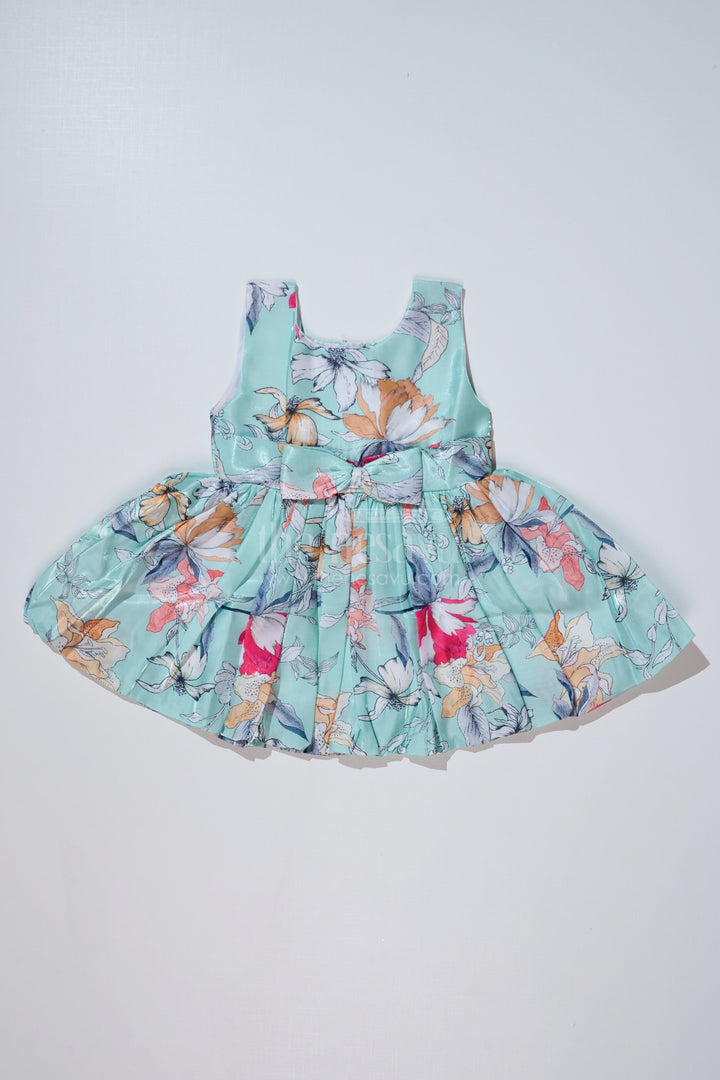 The Nesavu Baby Fancy Frock Summer Floral Frock for Baby Girls in Glaza Satin with Digital Print and Sleeveless Design Nesavu 14 (6M) / Green BFJ728B-14 Summer Floral Frock Baby Girls Glaza Satin Digital Print Sleeveless Design | The Nesavu