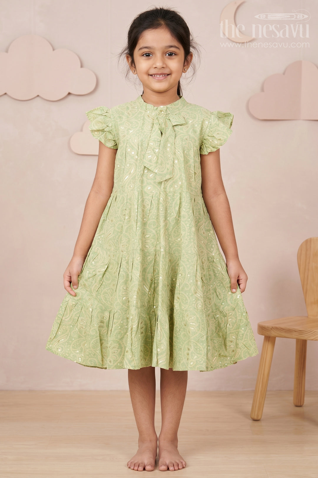 The Nesavu Girls Cotton Frock Summer Frock for Baby Girl in Rayon with Green Bandhani Print and Gold Foil Accents Nesavu 18 (2Y) / Green GFC1698A-18 Summer Frock Baby Girl Green Bandhani Printed Rayon Foil Detailing | The Nesavu