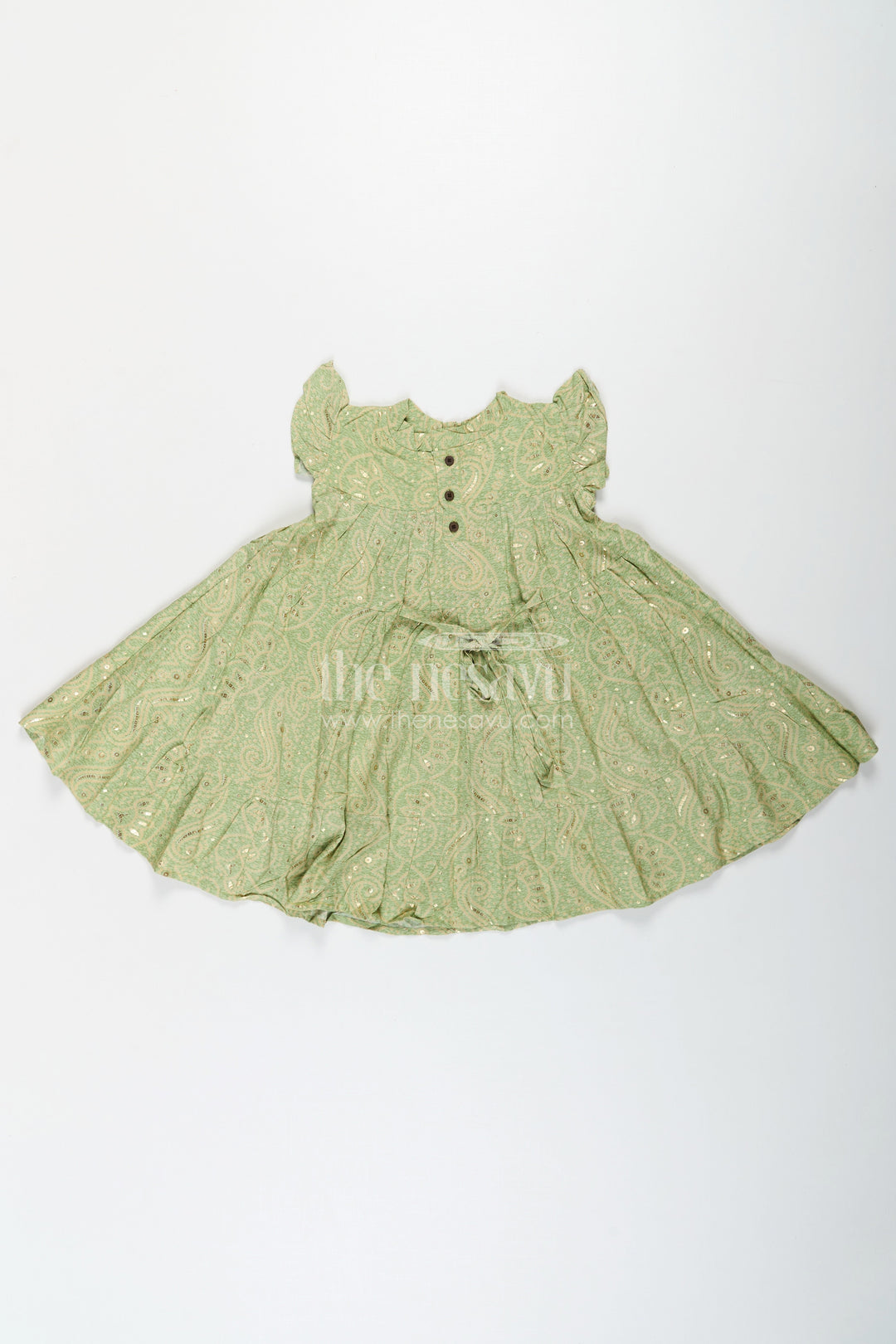 The Nesavu Girls Cotton Frock Summer Frock for Baby Girl in Rayon with Green Bandhani Print and Gold Foil Accents Nesavu Summer Frock Baby Girl Green Bandhani Printed Rayon Foil Detailing | The Nesavu