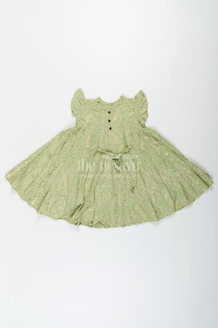 The Nesavu Girls Cotton Frock Summer Frock for Baby Girl in Rayon with Green Bandhani Print and Gold Foil Accents Nesavu Summer Frock Baby Girl Green Bandhani Printed Rayon Foil Detailing | The Nesavu