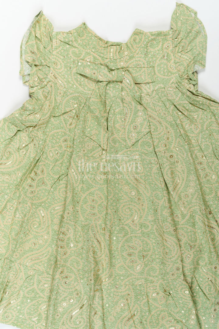 The Nesavu Girls Cotton Frock Summer Frock for Baby Girl in Rayon with Green Bandhani Print and Gold Foil Accents Nesavu Summer Frock Baby Girl Green Bandhani Printed Rayon Foil Detailing | The Nesavu